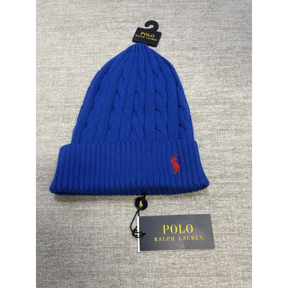 Polo Ralph Lauren Cuffed Knit Cashmere Blend Beanie Royal Blue Red Pony O/S NWT